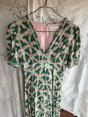 SALONI Pink and Green Floral V-Neck Dress